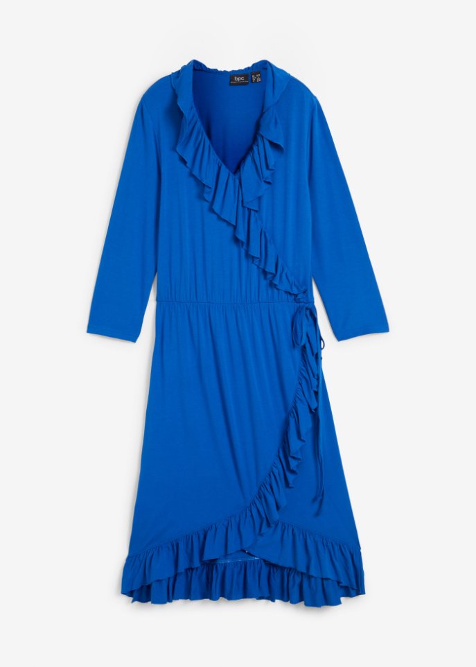 Jersey- Viskosekleid mit Volant am Ausschnitt in blau von vorne - bpc bonprix collection