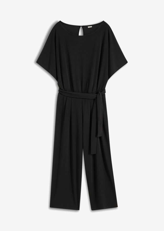Jersey-Overall mit Bindeband in schwarz von vorne - BODYFLIRT boutique