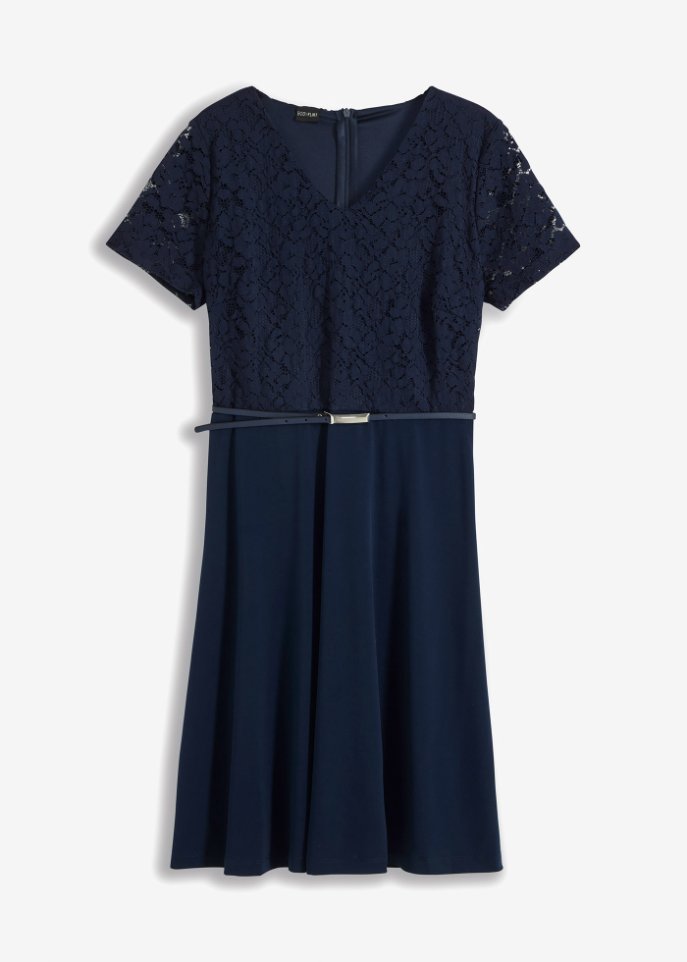 Kleid mit Gürtel in blau von vorne - BODYFLIRT