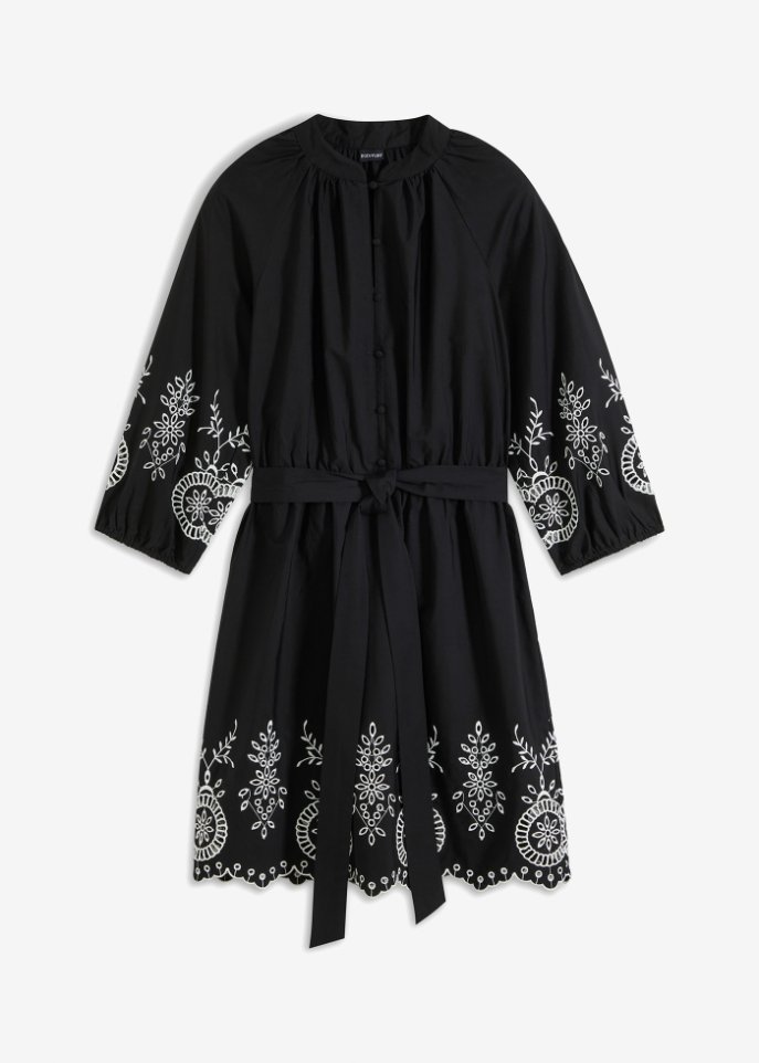 Kleid mit Lochstickerei aus Bio-Baumwolle in schwarz von vorne - BODYFLIRT