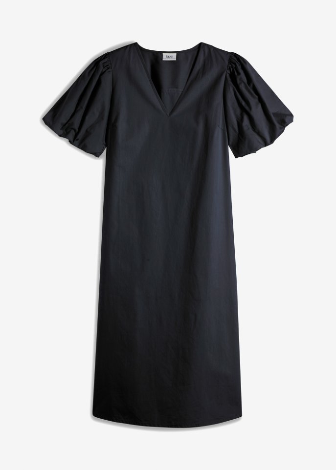 Midi-Web-Kleid mit Ballonärmeln aus Bio-Baumwolle, knieumspielend in schwarz von vorne - bpc bonprix collection