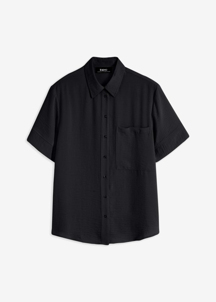 Halbarm-Bluse mit Brusttasche in schwarz von vorne - bpc bonprix collection