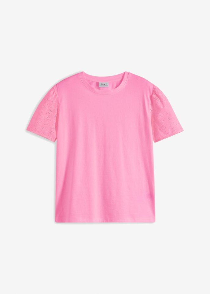 Rundhals-Shirt mit Lochstickerei in rosa von vorne - bpc bonprix collection