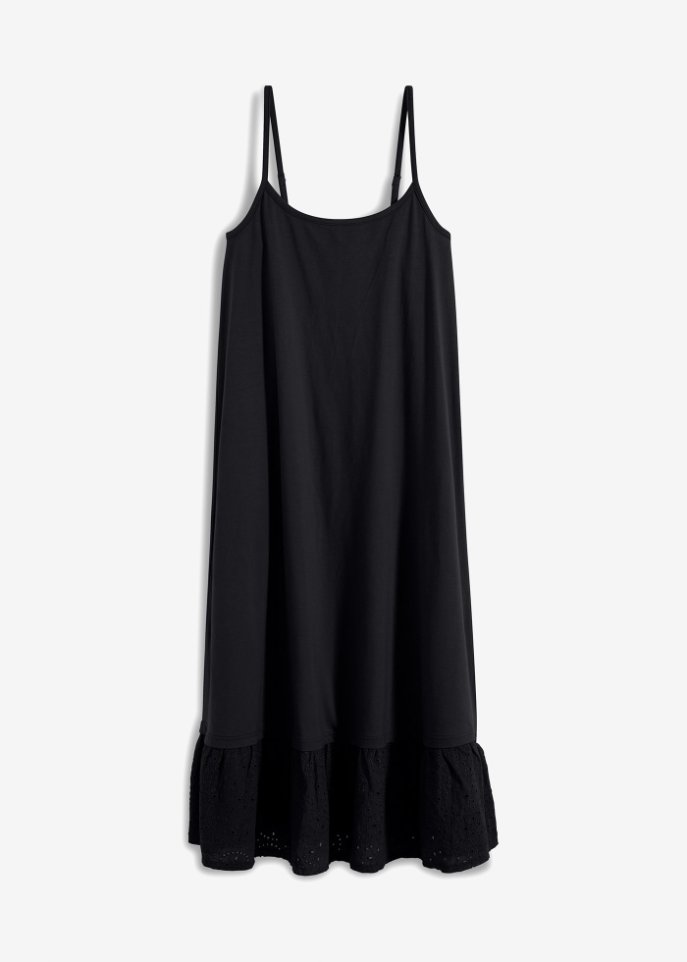 Jerseykleid mit Lochstickerei in schwarz von vorne - BODYFLIRT