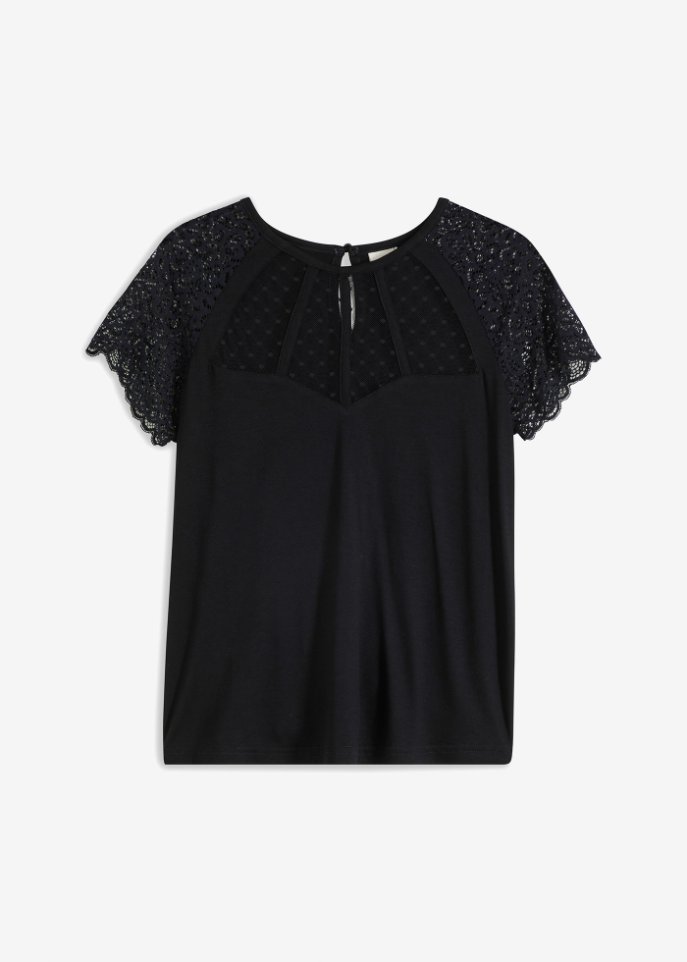 Shirt mit Spitze in schwarz von vorne - BODYFLIRT boutique
