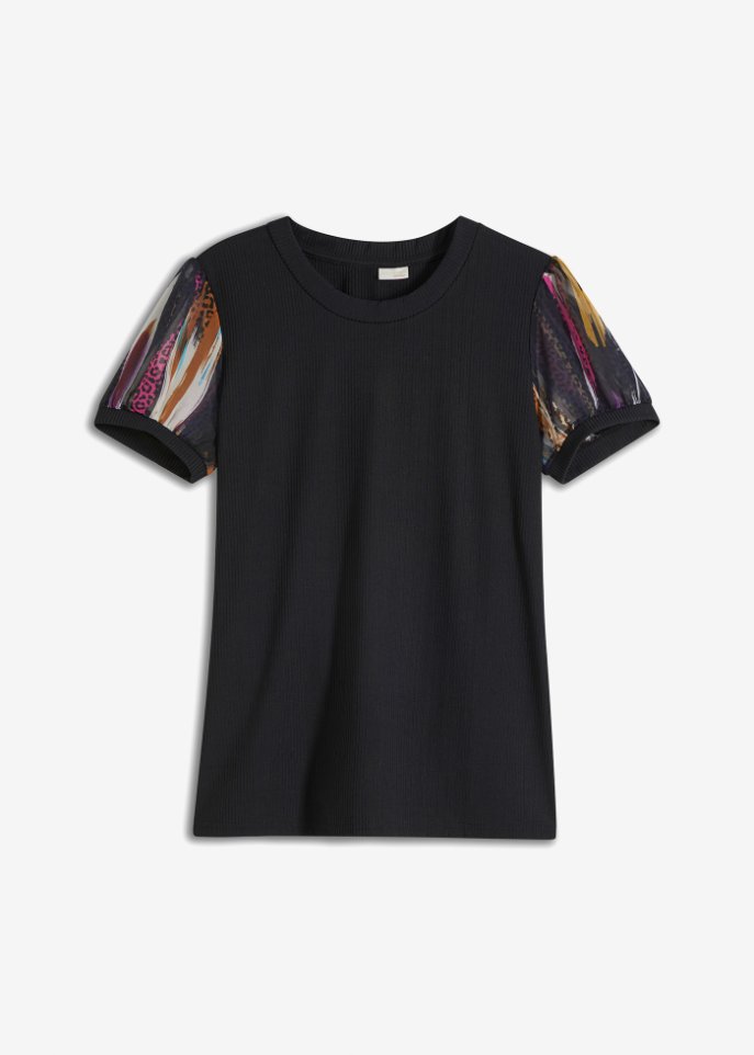 Ripp-Shirt mit Chiffon-Ärmeln in schwarz von vorne - BODYFLIRT boutique