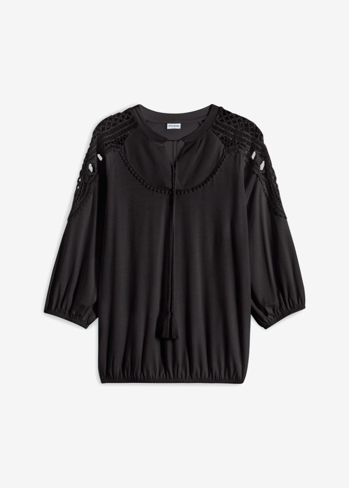 Oversize-Shirt mit Häkelspitze in schwarz von vorne - BODYFLIRT