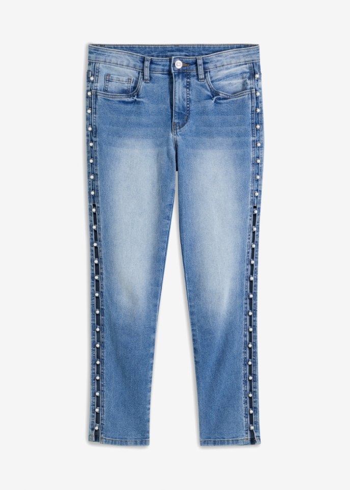 Skinny-Jeans mit Perlen-Applikation in blau von vorne - BODYFLIRT