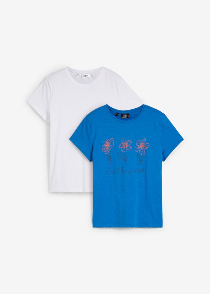 Basic T-Shirt mit Druck (2er Pack) in blau von vorne - bpc bonprix collection
