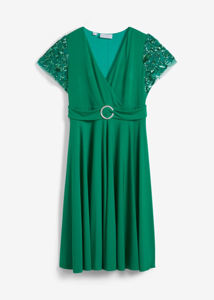 Jerseykleid mit Paillettenärmel in grün von vorne - bpc selection