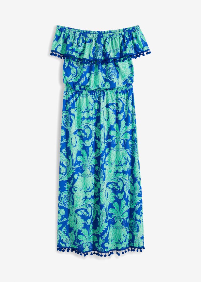 bedrucktes Carmen-Kleid in blau von vorne - BODYFLIRT