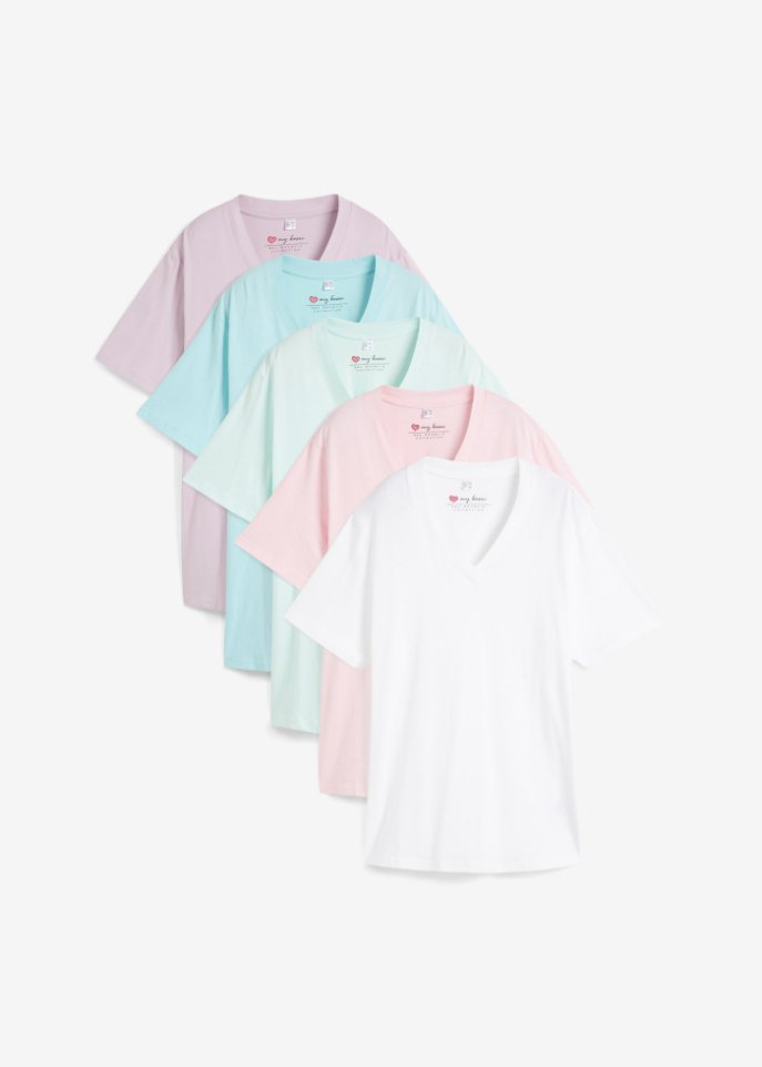 Weites Long-Shirt mit V-Ausschnitt, Kurzarm (5er Pack) in rosa von vorne - bpc bonprix collection
