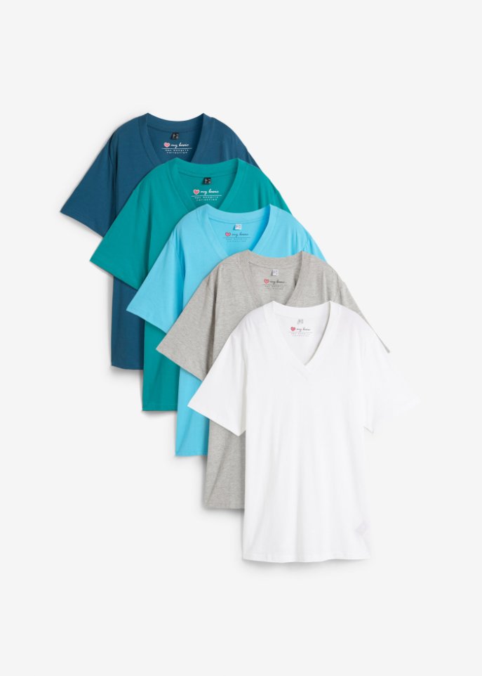 Weites Long-Shirt mit V-Ausschnitt, Kurzarm (5er Pack) in blau von vorne - bpc bonprix collection