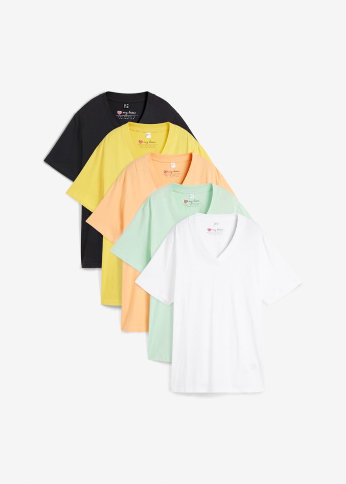 Weites Long-Shirt mit V-Ausschnitt, Kurzarm (5er Pack) in gelb von vorne - bpc bonprix collection