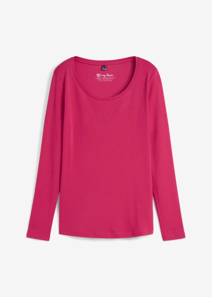 Baumwoll-Langarmshirt mit Rundhalsausschnitt in pink von vorne - bpc bonprix collection