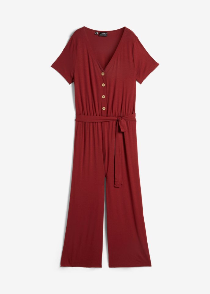 Jersey-Jumpsuit mit V-Ausschnitt, kurzarm in rot von vorne - bpc bonprix collection