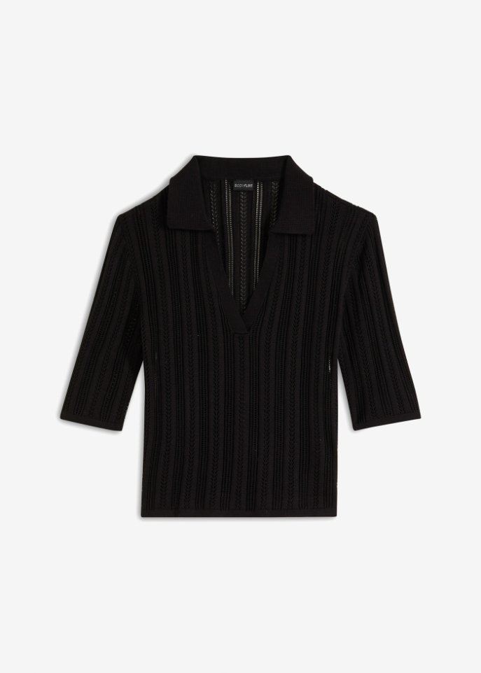 Ajour-Pullover mit Polokragen in schwarz von vorne - BODYFLIRT