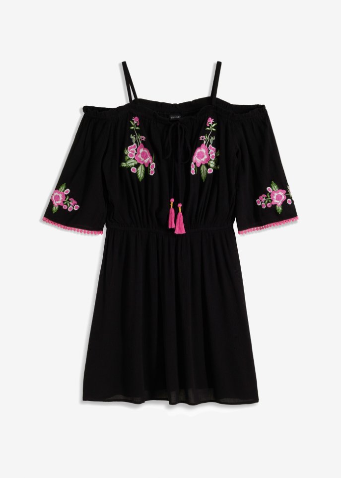 Cold-Shoulder-Kleid mit Stickerei in schwarz von vorne - BODYFLIRT