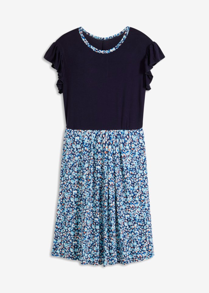 Kleid mit bedrucktem Rock in blau von vorne - BODYFLIRT