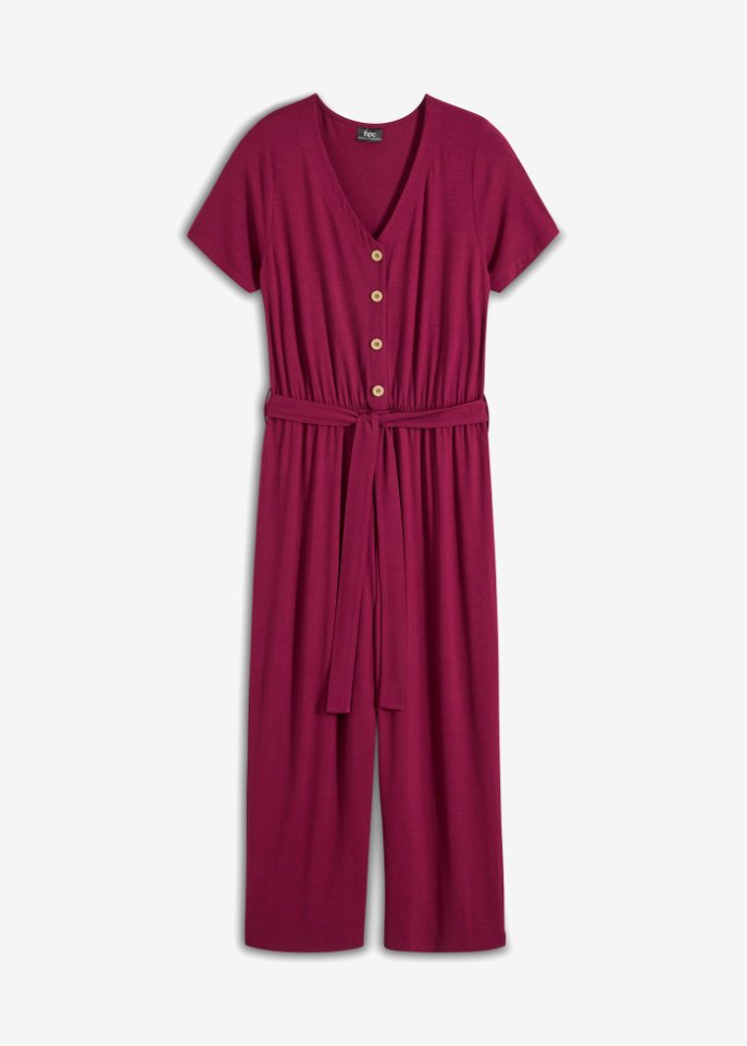 Jersey-Jumpsuit mit V-Ausschnitt, kurzarm in lila von vorne - bpc bonprix collection