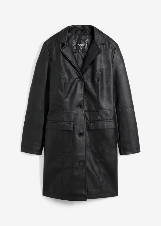 Leichter Lederimitat-Mantel mit Revers, tailliert in schwarz von vorne - bpc bonprix collection