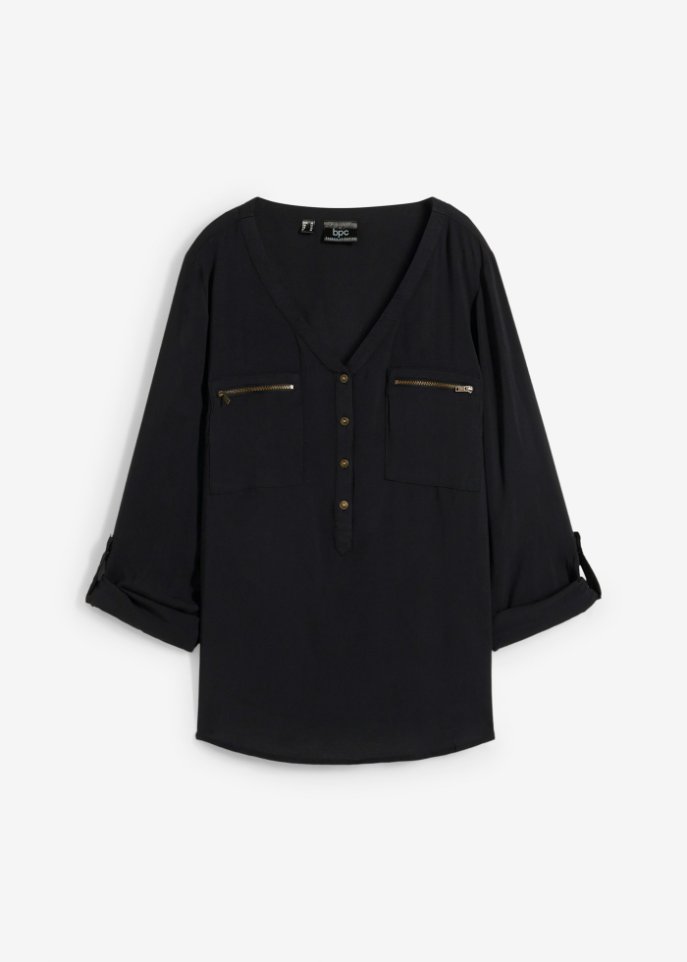 Viskose-Bluse mit V-Ausschnitt, langarm in schwarz von vorne - bpc bonprix collection