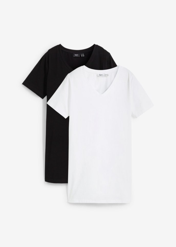 Basic Long-Shirt mit V-Ausschnitt und Kurzarm, 2er Pack in schwarz von vorne - bpc bonprix collection