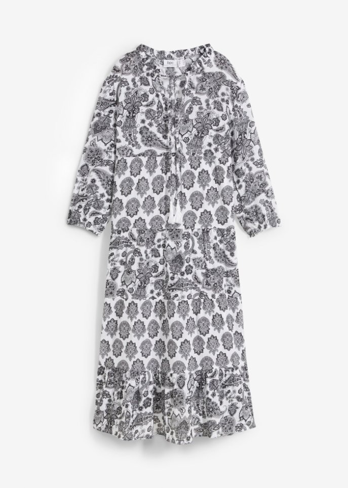 Crincle-Web-Baumwollmidikleid mit Taschen und 3/4- Arm in weiß von vorne - bpc bonprix collection