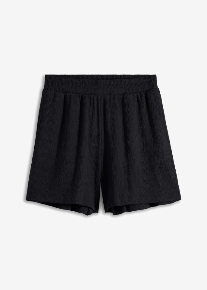 High-Waist-Shorts aus Strukturjersey mit Rundumbequembund in schwarz von vorne - bpc bonprix collection