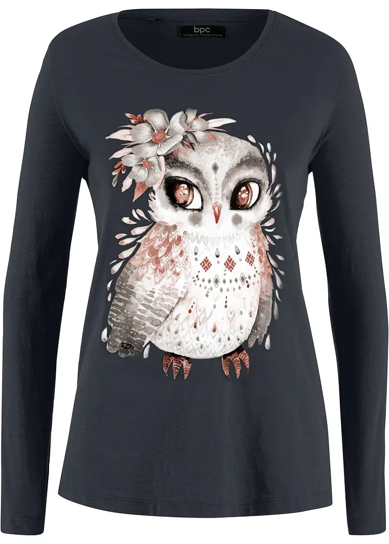 Baumwoll-Langarmshirt mit Eulendruck in schwarz - bonprix