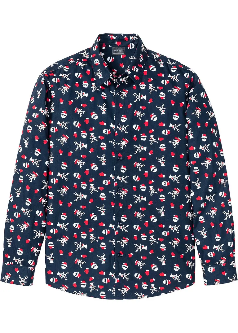 Langarmhemd mit Weihnachts-Druck aus reiner Baumwolle, Slim Fit in blau von vorne - bonprix