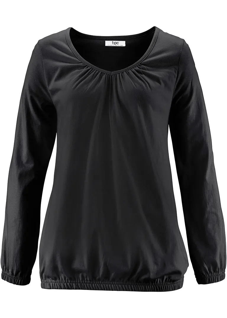 Baumwoll-Langarmshirt mit Gummizug in schwarz von vorne - bonprix