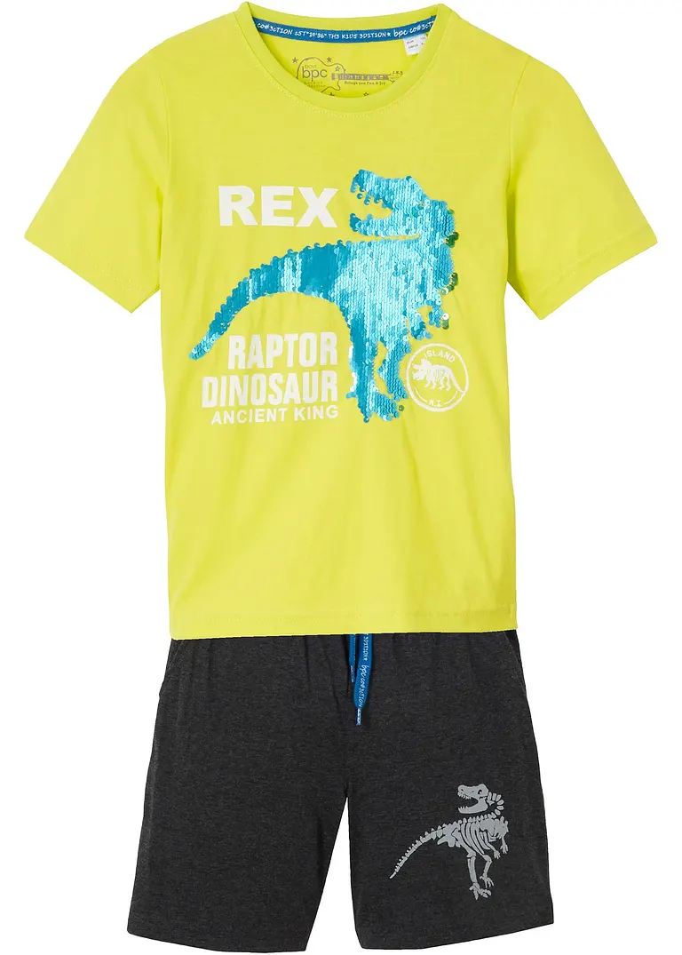 Jungen T-Shirt mit Wendepaillette + kurze Hose (2-tlg.Set) in grün von vorne - bonprix