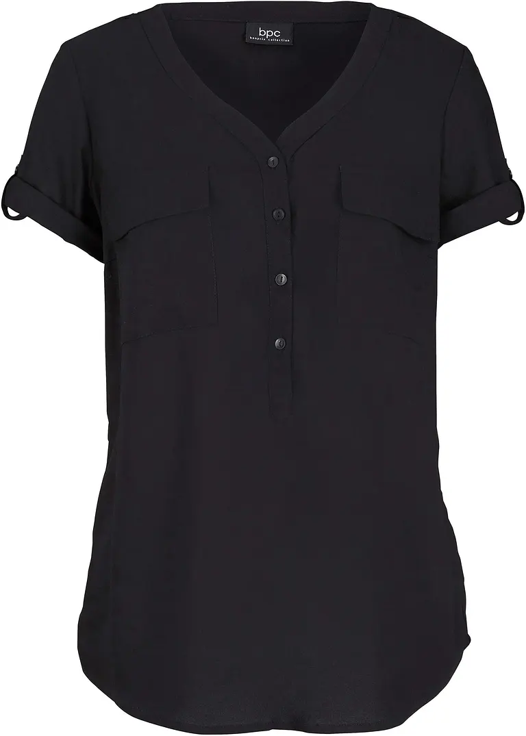Bluse mit V-Ausschnitt, kurzarm in schwarz von vorne - bonprix