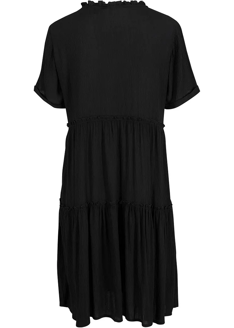 Knieumspielendes Viskose-Crinkle-Kleid mit Ausschnittdetail in schwarz von hinten - bonprix