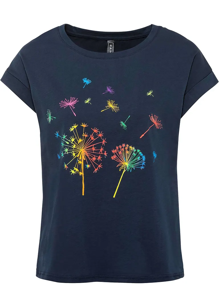 T-Shirt mit floralem Print in blau von vorne - RAINBOW