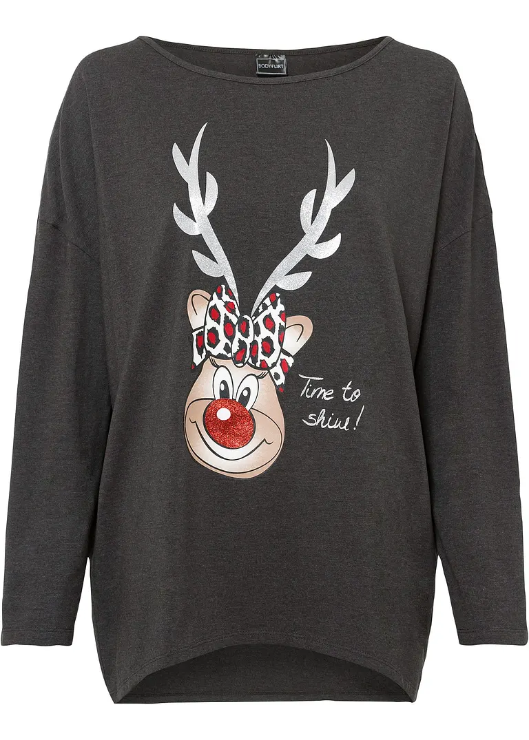 Off-Shoulder-Shirt mit Weihnachtsmotiv in grau von vorne - bonprix