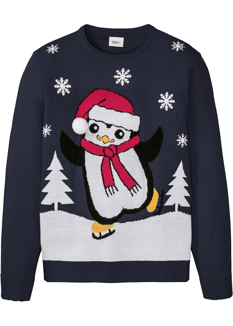 Pullover mit Weihnachtsmotiv in blau von vorne - bonprix