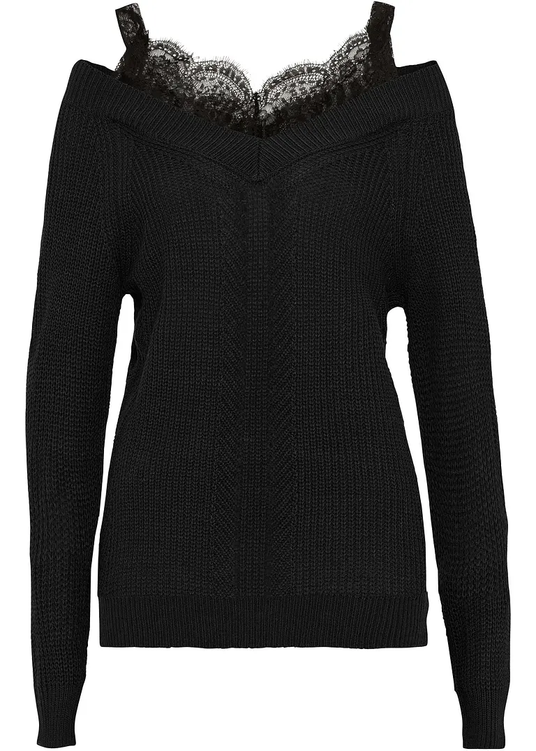 Ajour-pullover mit Spitze in schwarz von vorne - BODYFLIRT