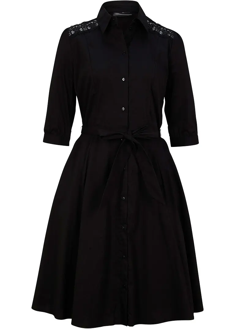 Hemdblusenkleid mit Spitze und Bindeband in schwarz von vorne - bonprix