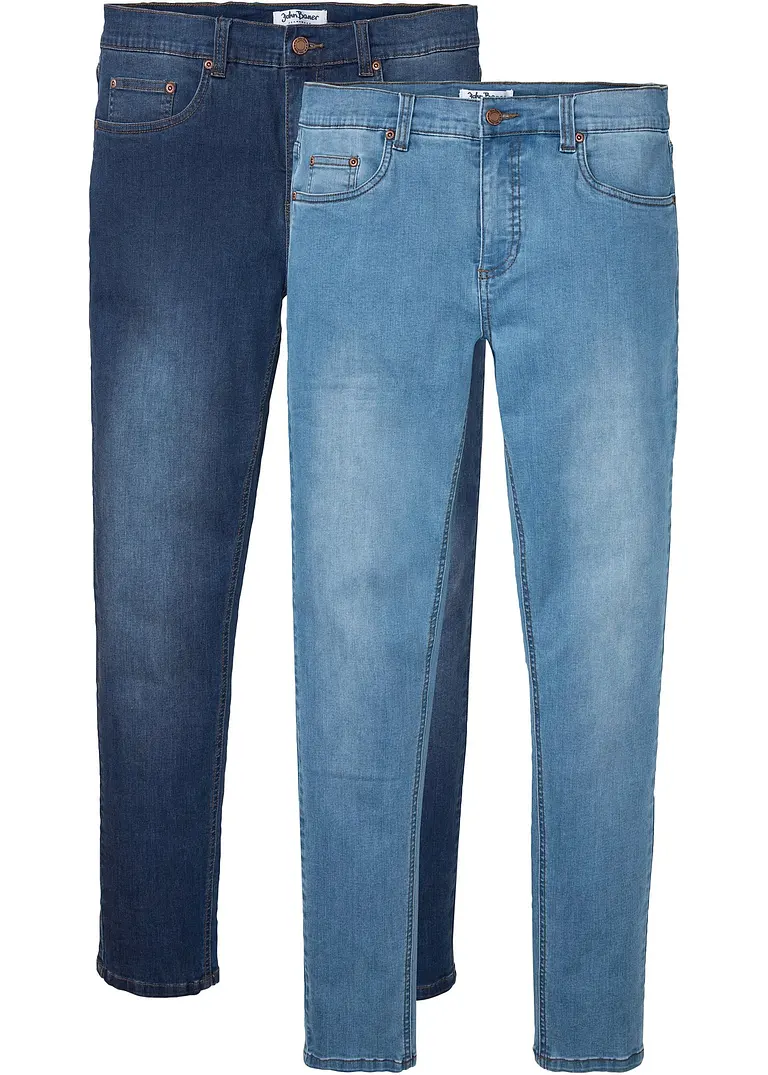 Slim Fit Power-Stretch-Jeans, Tapered (2er Pack) in blau von vorne - bonprix