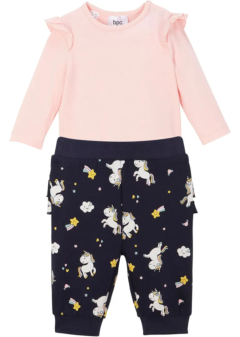 Baby Langarmbody + Sweathose aus Bio Baumwolle (2-tlg.Set) in rosa von vorne - bonprix
