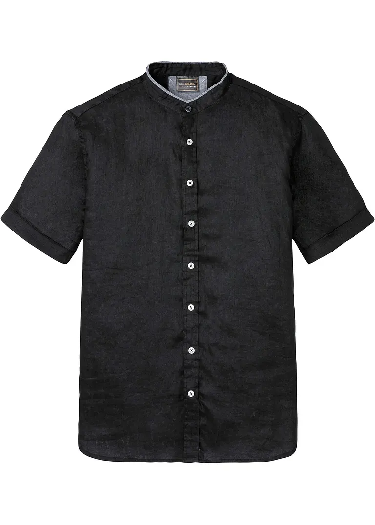 Leinen - Kurzarmhemd mit Stehkragen in schwarz von vorne - bonprix