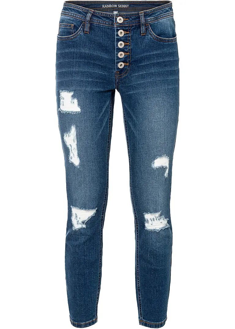 Verkürzte Destroyed-Skinny-Jeans in blau von vorne - bonprix