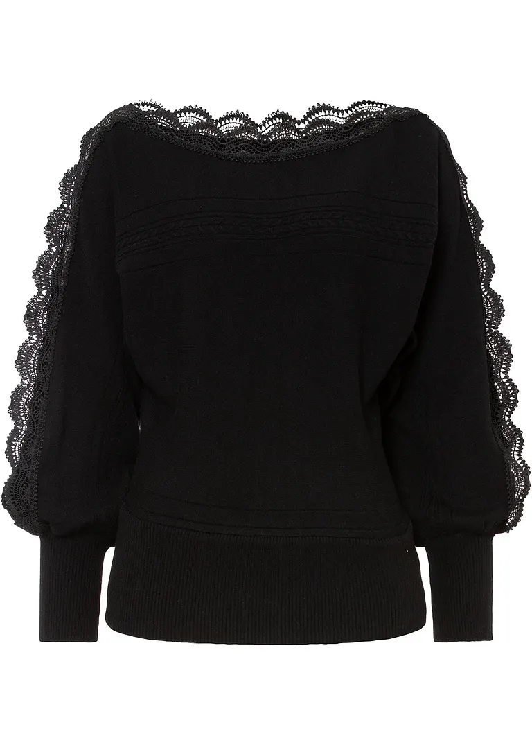 Pullover mit Spitze in schwarz von vorne - BODYFLIRT