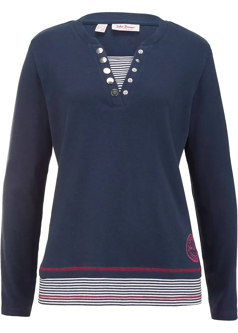 Baumwoll-Langarmshirt, 2 in 1-Optik in blau von vorne - bonprix