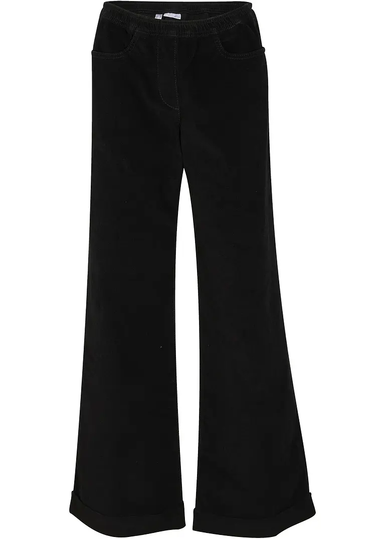 Weite Stretch-Marlenehose mit High-Waist-Schlupfbund aus Cord in schwarz von vorne - bpc bonprix collection