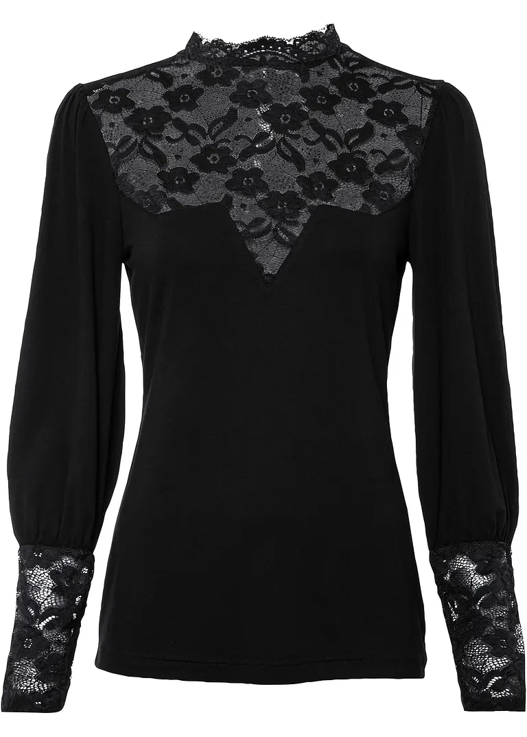 Langarmshirt mit Spitze in schwarz von vorne - BODYFLIRT boutique