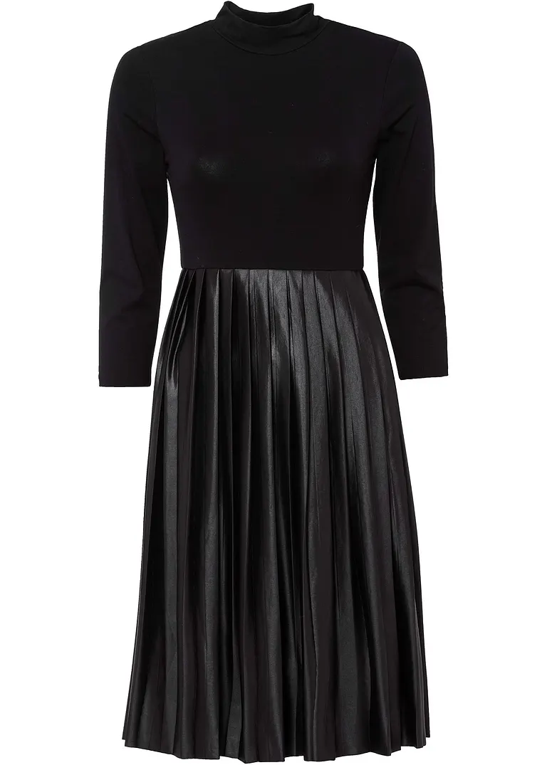 Jerseykleid mit Materialmix in schwarz von vorne - BODYFLIRT