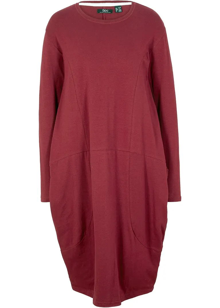Knieumspielendes O-förmiges Baumwoll-Shirtkleid mit Taschen aus Web, langarm in rot von vorne - bpc bonprix collection